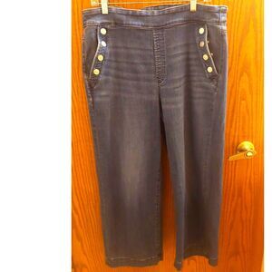 Chico's Wide Leg Pull-On Jeans Size 2R (US 12) Dark Wash Snap Button Pockets